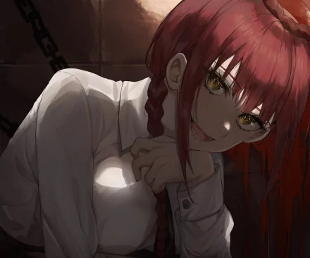 Makima (Chainsaw Man) anime HD PC desktop wallpaper — close-up of her red braided hair, golden eyes and sly smile, lit in a dark room with chains in the background.