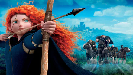 8K Ultra HD wallpaper featuring Merida from the movie Brave, aiming her bow with determined focus against a vivid blue sky and riders in the misty background.