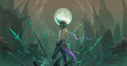 HD desktop wallpaper featuring Xiao from the video game Genshin Impact, standing with a staff under a glowing full moon, against a mystical, ominous background.