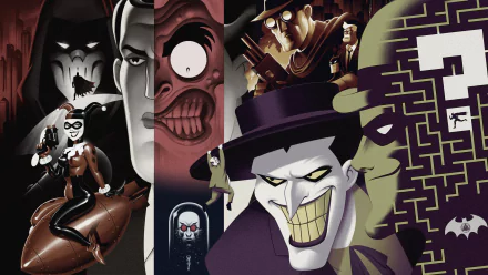 4K Ultra HD wallpaper featuring Batman: The Animated Series characters including Batman, James Gordon, Joker, Harley Quinn, Two-Face, Mr. Freeze, and the Riddler.