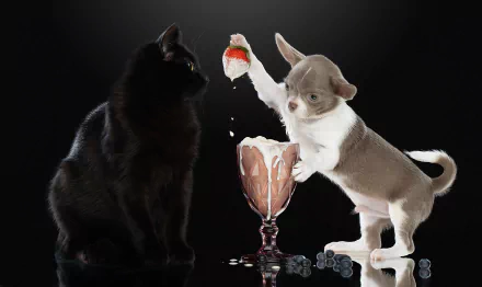 A playful Chihuahua puppy holding a strawberry above a glass with scattered blueberries, facing a black cat, set against a dark background in an HD PC desktop wallpaper.