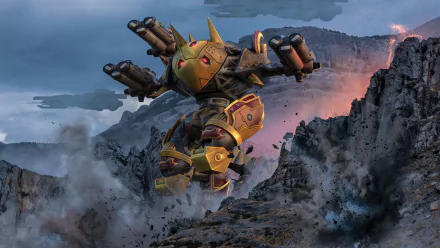 HD desktop wallpaper featuring a War Robot hovering over a rocky landscape amidst clouds of smoke.