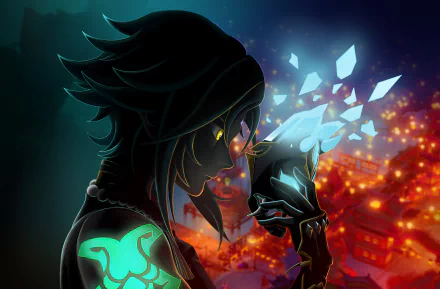 HD desktop wallpaper featuring Xiao from Genshin Impact, a character with glowing tattoos and a mystical aura, holding a mask with shards of energy against a vibrant, illuminated background.