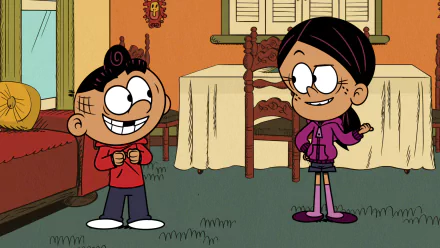 HD wallpaper of Carlino Casagrande from The Loud House, standing with a smile next to another character in a cozy room setting.