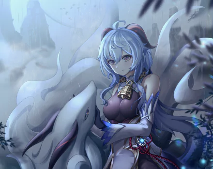 HD PC desktop wallpaper featuring Ganyu from the video game Genshin Impact, set against a mystical background with ethereal blue and gray tones.