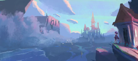 4K Ultra HD desktop wallpaper featuring Qiqi from Genshin Impact, set against a detailed fantasy landscape with castles and mountains under a vibrant sky.