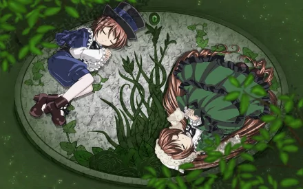 A serene HD wallpaper featuring two characters from Rozen Maiden, entwined amidst lush greenery and intricate stone patterns, creating a tranquil and enchanting atmosphere.