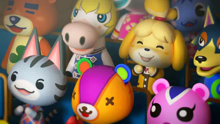 HD desktop wallpaper featuring characters from Animal Crossing: New Horizons in a colorful group portrait.
