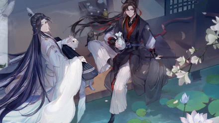 HD anime wallpaper featuring Lan Wangji and Wei Wuxian from Mo Dao Zu Shi, showcasing them in a serene, detailed setting with soft lighting and delicate lotus flowers.