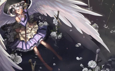 A serene anime scene featuring an angelic figure with large wings, seated in water surrounded by roses and swords, creating a captivating HD desktop wallpaper.
