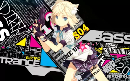 Anime original HD PC desktop wallpaper and background featuring a blonde, cat-eared girl in a techno outfit aiming a pink gun amid a bold, music-themed typographic collage.