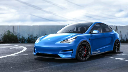 HD wallpaper featuring a blue Tesla Model Y on a road with clouds in the background.