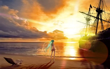 A vibrant sunset casts warm hues over a tranquil beach where Hatsune Miku stands by the water, gazing at a majestic ship sailing in the distance, creating a stunning anime scene.