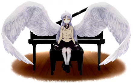 Kanade Tachibana from Angel Beats! sits gracefully at a piano, her ethereal wings spread wide, creating a serene and enchanting atmosphere in this HD desktop wallpaper.