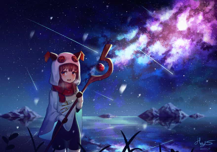 Megumin from KonoSuba stands under a vibrant starry sky with a glowing staff, depicted in a 4K Ultra HD anime wallpaper inspired by KonoSuba - God’s blessing on this wonderful world!!.
