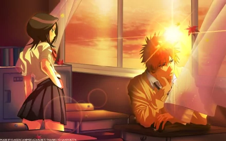 Rukia Kuchiki and Ichigo Kurosaki from the anime Bleach are featured in this HD desktop wallpaper, showcasing a vibrant scene with warm sunlight streaming through a window.