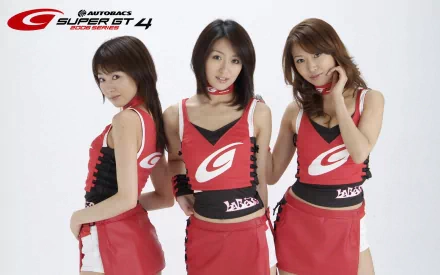 HD desktop wallpaper featuring three sensual Asian women in matching red and white outfits with the Super GT logo in the top left corner.