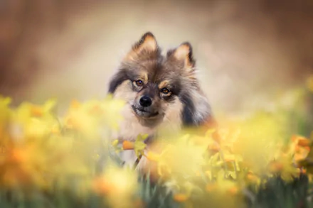 daffodil dog flower Animal spitz HD Desktop Wallpaper | Background Image