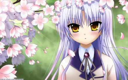 HD wallpaper featuring Kanade Tachibana from Angel Beats! with yellow eyes and a blush, surrounded by cherry blossoms. The anime character stands against a green background, exuding a serene and peaceful vibe.