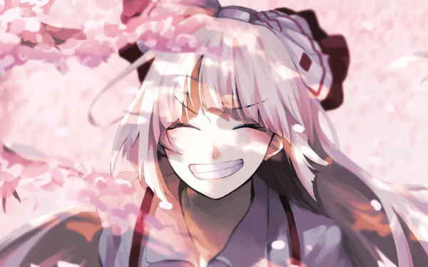 4K Ultra HD PC desktop Touhou anime wallpaper of Fujiwara no Mokou: close-up smiling under falling cherry blossoms, long white hair and warm sunlight.