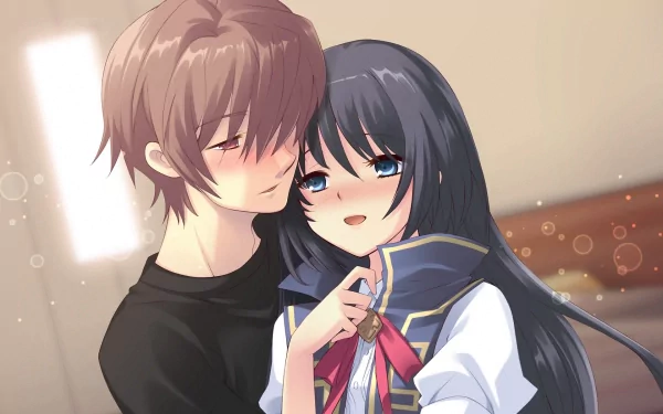 Anime HD PC desktop wallpaper/background from Stray Cat Overrun! — a brown-haired boy gently embraces a blushing dark-haired schoolgirl in a soft, intimate moment.