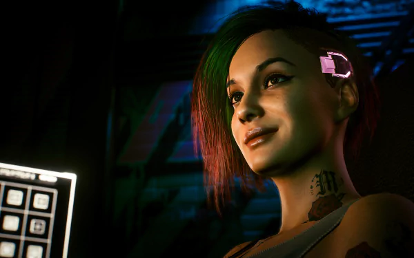 Judy from Cyberpunk 2077, depicted in a 4K Ultra HD PC desktop wallpaper, showcasing detailed cybernetic elements and vibrant lighting.