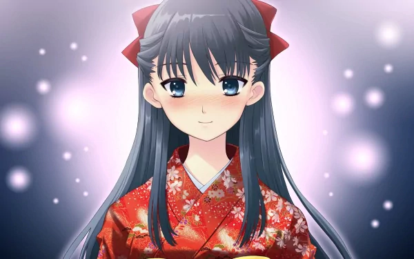 Anime HD PC desktop wallpaper: Stray Cat Overrun! character — blushing girl in a red floral kimono, long dark hair with ribbon bows, soft glowing bokeh background.