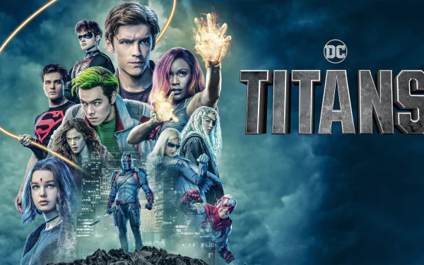 HD PC desktop wallpaper/background for the DC TV show Titans, showing the team of costumed heroes in dramatic poses against a stormy blue sky with the TITANS logo.
