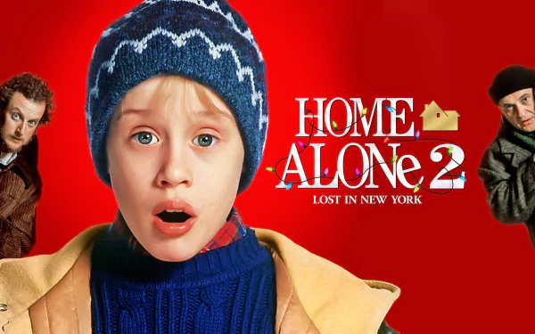 HD desktop wallpaper featuring Macaulay Culkin as Kevin McCallister from the movie Home Alone 2: Lost in New York, with a vibrant red background and iconic logo.