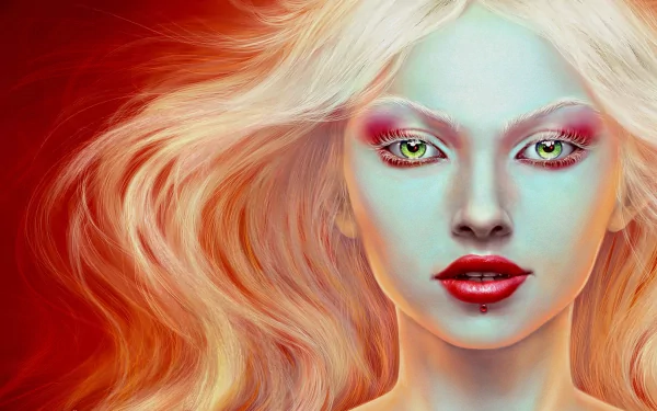 A captivating HD fantasy-themed wallpaper featuring a woman with striking green eyes, vivid makeup, and flowing hair set against a fiery red background.