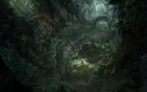 Lara Croft (Tomb Raider: Underworld) in a sunlit, mossy ruined cavern, tiny figure amid ancient stone and foliage — 4K Ultra HD PC desktop wallpaper.