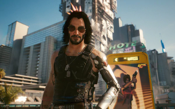 4K Ultra HD PC desktop wallpaper featuring Johnny Silverhand, portrayed by Keanu Reeves, from the video game Cyberpunk 2077 in a futuristic cityscape.