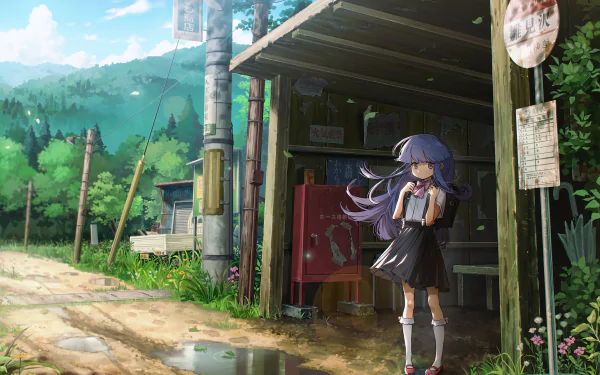 HD anime wallpaper featuring Furude Rika from Higurashi When They Cry with long purple hair and eyes, standing by a rustic bus stop in a lush, rural setting.