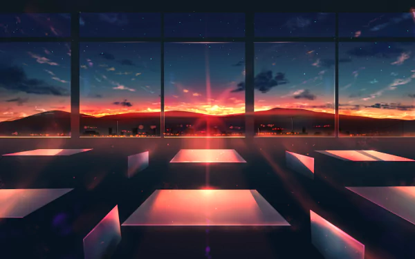 Anime-style classroom at sunset with a vivid sky visible through large windows, rendered in HD for use as a PC desktop wallpaper and background.