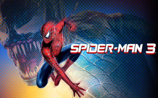 HD PC desktop wallpaper from the movie Spider-Man 3: Spider-Man in his red suit lunging forward with a looming Venom symbiote face behind and the SPIDER-MAN 3 logo.