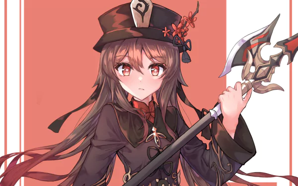 HD desktop wallpaper featuring Hu Tao from Genshin Impact, portrayed with her signature hat and staff, set against a warm, red background.