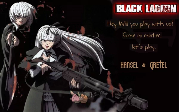 Anime-inspired HD wallpaper from Black Lagoon, featuring characters Hansel and Gretel with a playful invitation and a weapon, set against a dark backdrop.