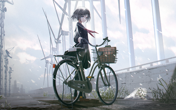 Anime Girl Bicycle Wind Turbine HD Wallpaper | Background Image