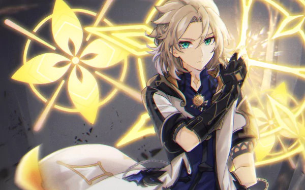 HD desktop wallpaper featuring Albedo from the video game Genshin Impact. Albedo is portrayed with a determined expression, with bright, glowing geometric symbols in the background.