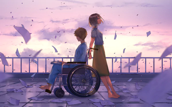 Anime couple depicted in a 4K Ultra HD PC desktop wallpaper, featuring a serene scene with a girl standing and a boy in a wheelchair against a pastel sky backdrop.