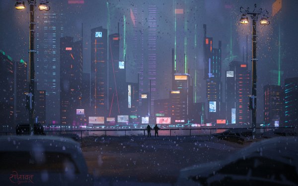 Sci Fi Cyberpunk Cityscape Night Winter HD Wallpaper | Background Image