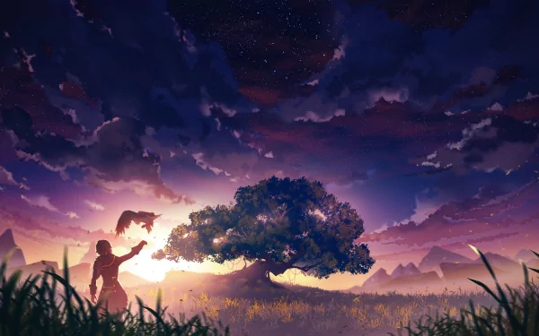 HD desktop wallpaper featuring Diluc from Genshin Impact in a serene landscape at dusk, with a large tree and dramatic sky in the background.