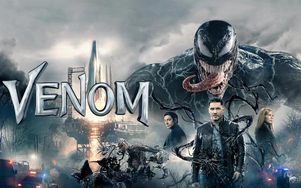 HD PC desktop wallpaper for the movie Venom, featuring the Venom symbiote looming over a cityscape, the film's star and supporting characters beneath the Venom logo.
