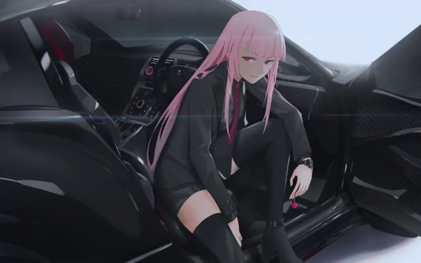 HD PC desktop wallpaper featuring anime-style Virtual YouTuber Mori Calliope with pink hair, sitting in a sleek black sports car interior.