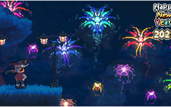 Pixel art HD desktop wallpaper featuring a nighttime New Year 2021 celebration with colorful fireworks and a character watching the display.
