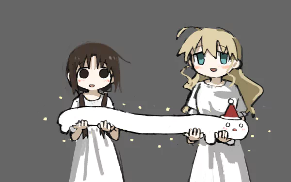 HD anime desktop wallpaper featuring Yuuri and Chito from Girls' Last Tour holding a long, white, snake-like creature against a gray background.