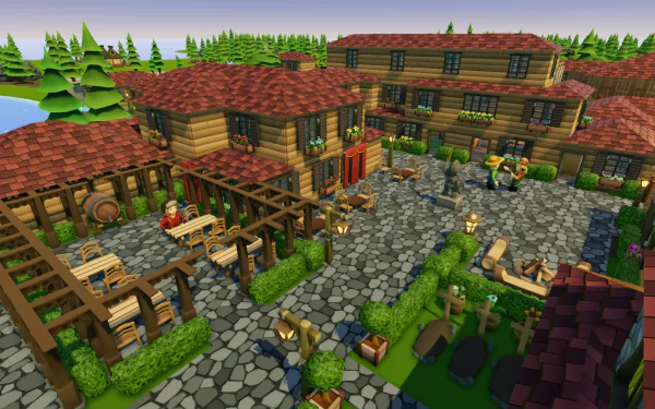 HD desktop wallpaper of Founders' Fortune game depicting a vibrant village scene with characters and wooden buildings.