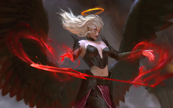 A fantasy angel with white hair, glowing halo, and dark wings wields fiery red energy in a dynamic 4K Ultra HD desktop wallpaper scene.