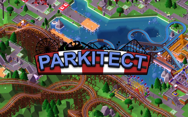 HD desktop wallpaper of Parkitect game with vibrant amusement park and roller coasters, displaying the game's logo.