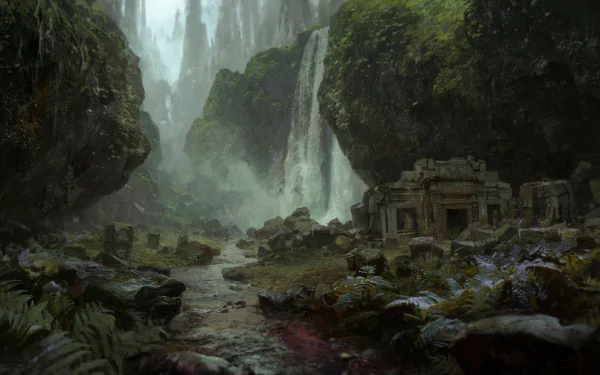 HD desktop wallpaper of a mystical waterfall scene from Path of Exile, featuring ruins and lush greenery in a foggy atmosphere.